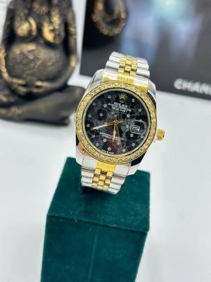 Rolex Taşlı Gold- Gümüş İçi Siyah Kadın Saat  S361